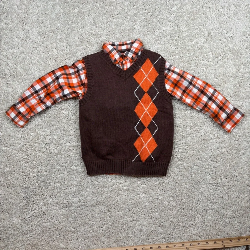 Gymboree Boys Plaid Shirt Sweater Vest Argyle Outfit‎ Set Orange Brown XS 3-4